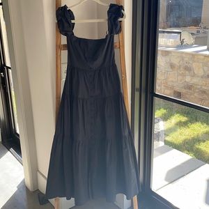 Staud black maxi dress with puffed tank sleeves